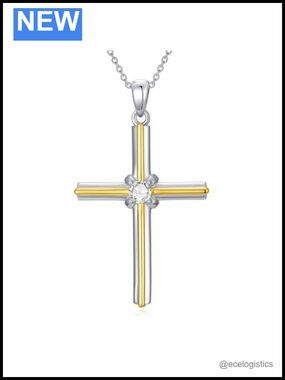 925 Sterling Silver Moissanite Cross Necklace Two Tone 18-20 Inch